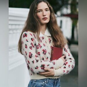 NWT Brushed cashmere cropped cardigan sweater in blurry floral
